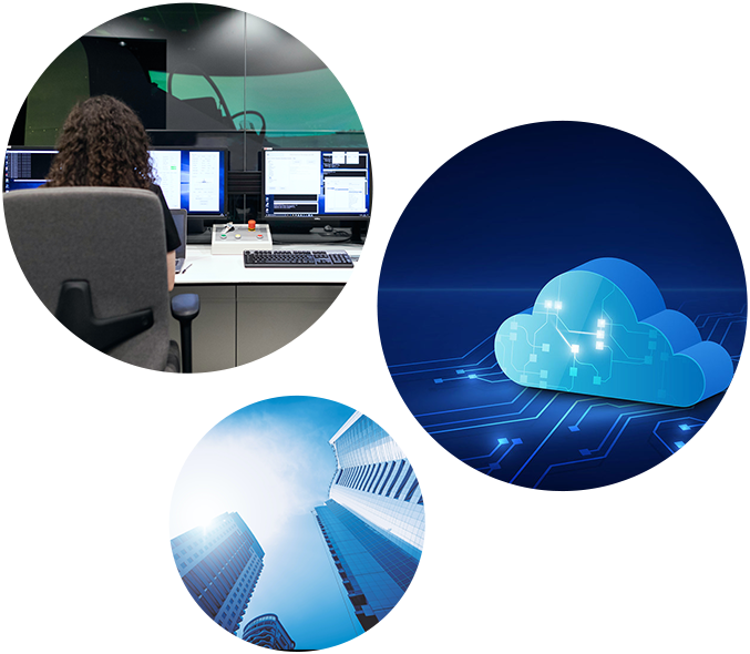 Collage of lady working on Laptop Data Cloud and Sky View of Buildings